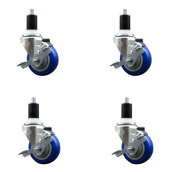 Service Caster 3.5'' Blue Poly Swivel 1-1/2'' Expanding Stem Caster Set with Brake, 4PK SCC-EX20S3514-PPUB-BLUE-TLB-112-4 - main